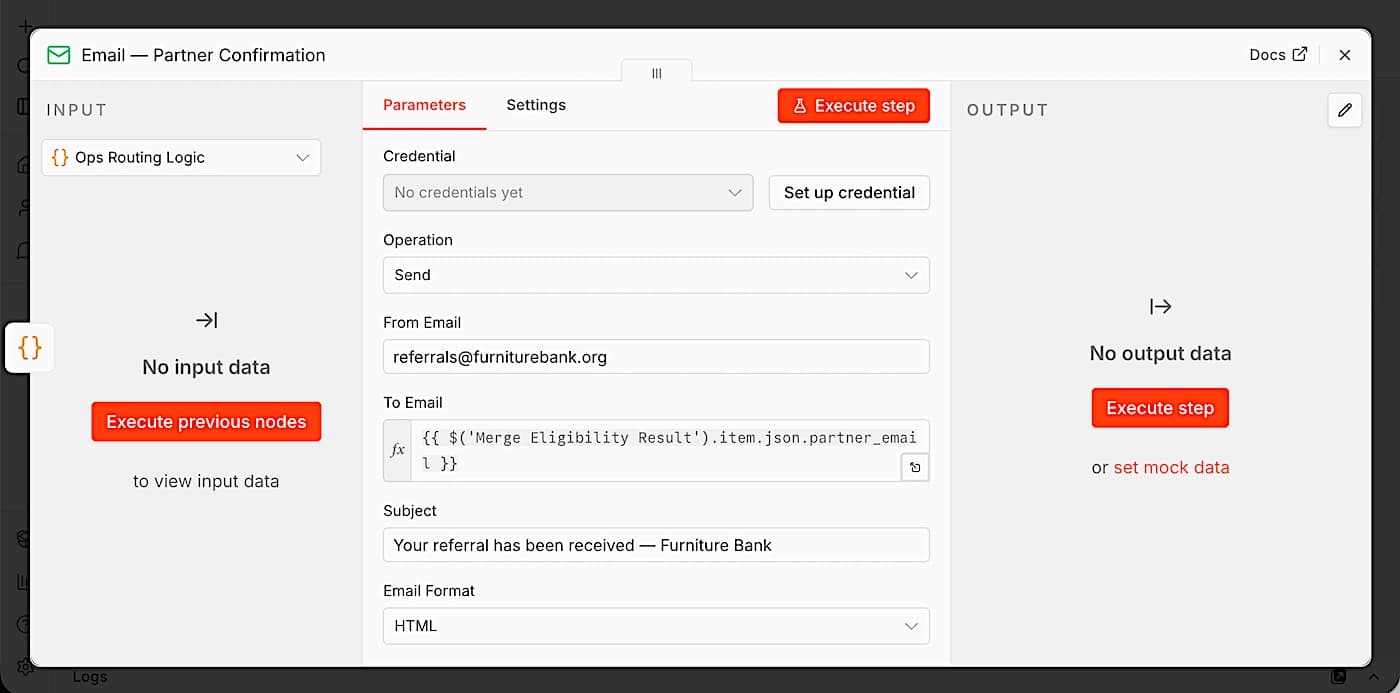 n8n Email — Partner Confirmation node showing From Email set to referrals@furniturebank.org, dynamic To Email pulling from Merge Eligibility Result, and subject line 'Your referral has been received — Furniture Bank'.
