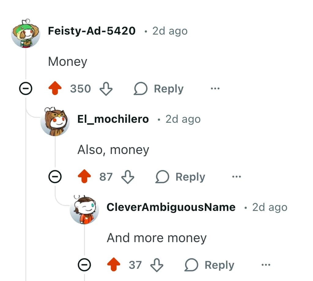 Reddit comments showing top answers to why people choose sales - all saying Money