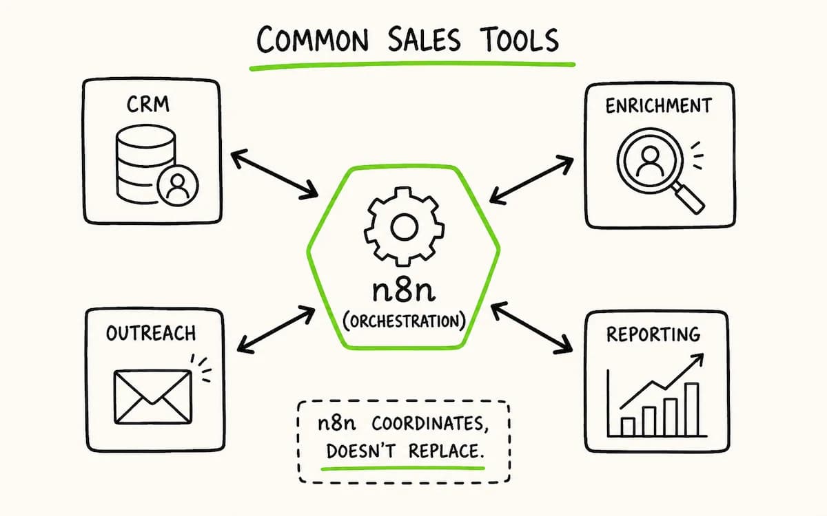 Common sales tools connected through an n8n orchestration layer