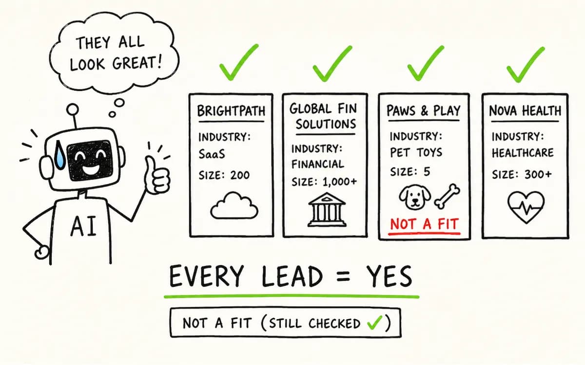 An overly confident AI salesperson giving a thumbs up to every lead