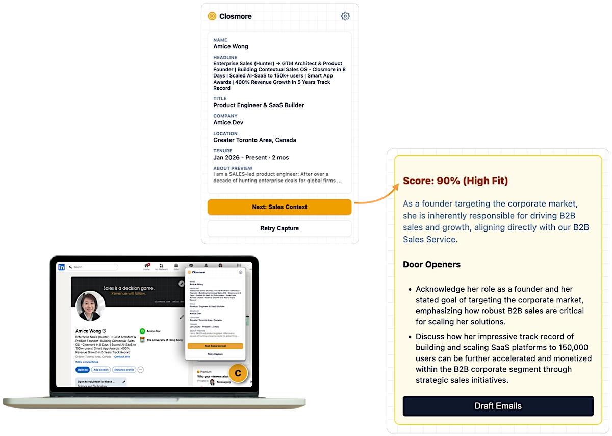 Closmore AI LinkedIn Sidebar and Context Score